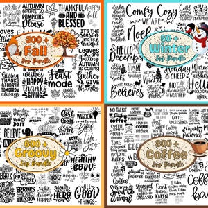 May include: Four digital images with black text on a white background. Each image features a different theme: Fall, Winter, Groovy, and Coffee. The images contain various phrases and sayings related to each theme. The images are labeled with the number of designs included in each bundle.