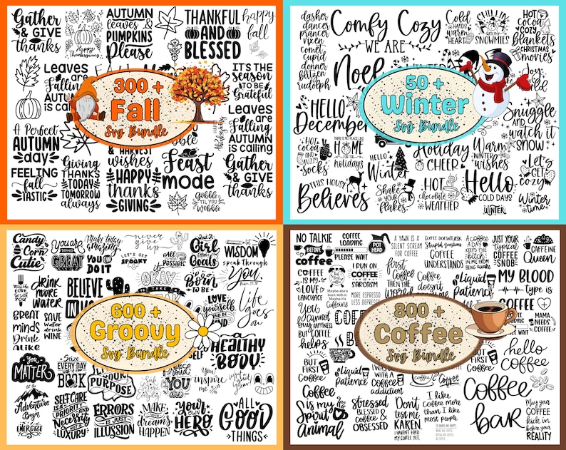 May include: Four digital images with black text on a white background. Each image features a different theme: Fall, Winter, Groovy, and Coffee. The images contain various phrases and sayings related to each theme. The images are labeled with the number of designs included in each bundle.