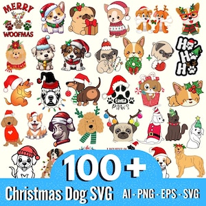 May include: A collection of 100+ Christmas dog SVG designs featuring various breeds in festive attire, including Santa hats, reindeer antlers, and Christmas lights. The designs are perfect for creating personalised gifts, home decor, and holiday crafts.