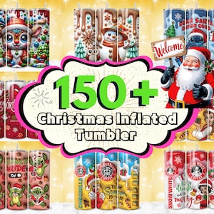 May include: A collection of 150+ Christmas-themed insulated tumblers with various designs featuring Santa Claus, snowmen, reindeer, and other festive characters. The tumblers are decorated with bright colours and intricate details.