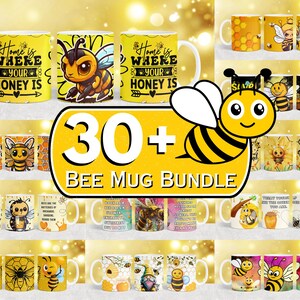 Puede incluir: Un conjunto de más de 30 tazas con temática de abejas con varios diseños y lemas. Las tazas son amarillas, blancas y negras con ilustraciones de abejas y texto como "Home is where your honey is" y "Save the bees".