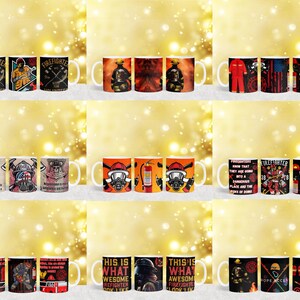 May include: Set of 12 white ceramic mugs with various firefighter-themed designs. The mugs feature illustrations of firefighters, fire engines, and fire hydrants. Some mugs have text that reads "Firefighter" and "This is what awesome firefighter look like".