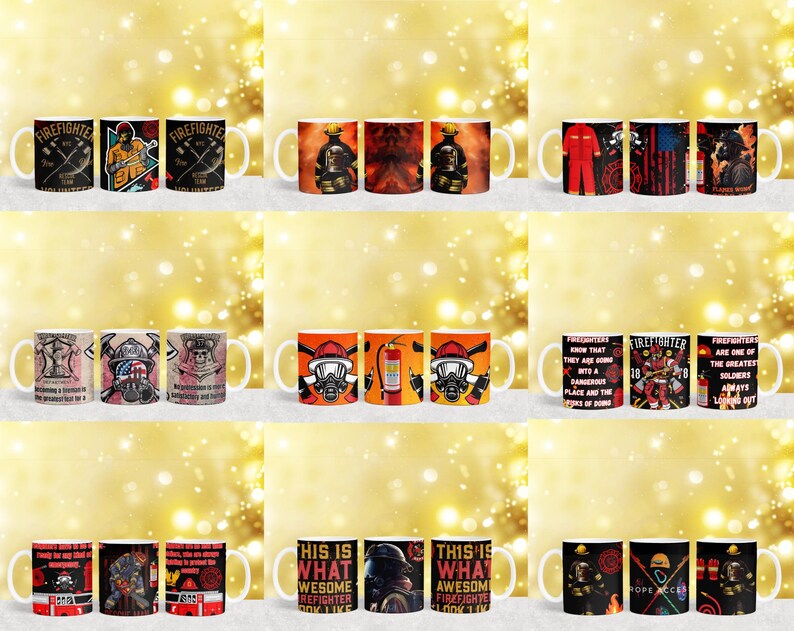 May include: Set of 12 white ceramic mugs with various firefighter-themed designs. The mugs feature illustrations of firefighters, fire engines, and fire hydrants. Some mugs have text that reads "Firefighter" and "This is what awesome firefighter look like".