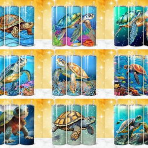 May include: Set of nine stainless steel tumblers with various sea turtle designs. Each tumbler features a different sea turtle species in a colorful underwater scene. The tumblers are perfect for keeping drinks cold or hot.