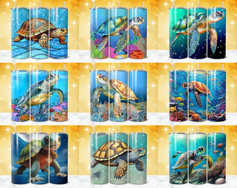 May include: Set of nine stainless steel tumblers with various sea turtle designs. Each tumbler features a different sea turtle species in a colorful underwater scene. The tumblers are perfect for keeping drinks cold or hot.