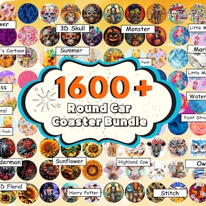 May include: A collage of 1600+ round car coasters featuring various designs, including cartoon characters, animals, flowers, and abstract patterns. The designs are colorful and vibrant, with a variety of styles and themes.