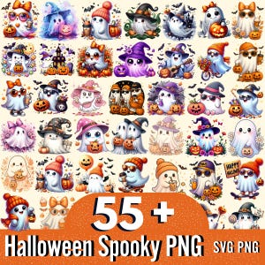 May include: A collection of 55+ Halloween-themed PNG and SVG graphics featuring cartoon ghosts. The ghosts are depicted with various accessories, including hats, bows, and pumpkins. The image has an orange banner with the text "Halloween Spooky PNG".