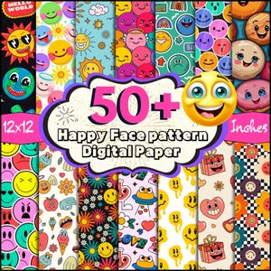 50 + Happy Face Digital Paper Pack, Smiley Seamless Pattern, Retro Face Background, Groovy Scrapbook, Hippie Printable Paper, Commercial use