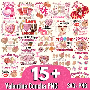 15 + Valentine Concha Png Bundle, Retro Valentine Png, Conchas Pan Dulce Heart Png, Mexican Valentine Png, Conchas Valentines, Tacos Png