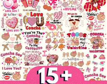 15 + Valentine Concha Png Bundle, Retro Valentine Png, Conchas Pan Dulce Heart Png, Mexican Valentine Png, Conchas Valentines, Tacos Png