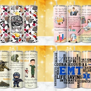 K&ouml;nnte beinhalten: Satz von sechs Edelstahlbechern mit verschiedenen Designs. Die Designs beinhalten Make-up, Soldaten und ein EMT-Symbol. Die Becher sind alle wei&szlig; mit schwarzen Akzenten.