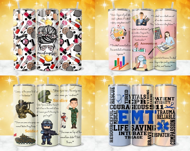 K&ouml;nnte beinhalten: Satz von sechs Edelstahlbechern mit verschiedenen Designs. Die Designs beinhalten Make-up, Soldaten und ein EMT-Symbol. Die Becher sind alle wei&szlig; mit schwarzen Akzenten.