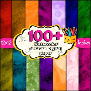 May include: A collage of 100+ watercolor texture digital papers in various colors and patterns. The papers are 12x12 inches and are perfect for scrapbooking, card making, and other crafting projects.