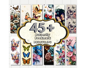 45 + Butterfly Book Mark Design Bundle, Floral Bookmark, 3D Butterfly Bookmark Design, Bookmark Sublimation PNG, Flower & Butterfly Bookmark
