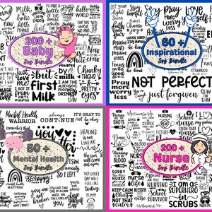 May include: A collage of four images featuring different sets of SVG cut files. The first image features a baby-themed set with phrases like "Just love me" and "First Milk". The second image features an inspirational set with phrases like "Stay hopeful" and "Not Perfect". The third image features a mental health-themed set with phrases like "Stay Kind" and "You are not broken". The fourth image features a nurse-themed set with phrases like "Nurse Life" and "I am a Superhero in Scrubs".