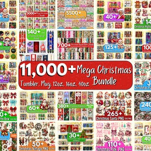Puede incluir: Una colección de diseños digitales con temática navideña, que incluye vasos, tazas y varios archivos PNG. La imagen presenta una gran pancarta roja con el texto "11,000+ Mega Christmas Bundle". Se muestran varias subcategorías.