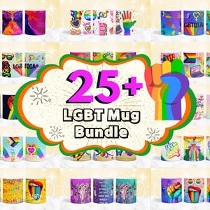 May include: A collection of 25+ colourful mugs featuring LGBTQ+ pride designs. The mugs feature various designs including rainbows, hearts, and the words "love", "pride", and "LGBTQIA".