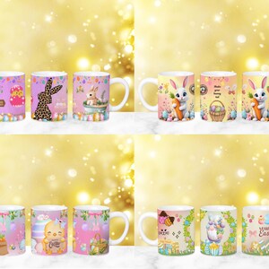 May include: Set of 10 white ceramic mugs with colorful Easter-themed designs. The mugs feature bunnies, eggs, and flowers. Some mugs have the text "Happy Easter" and "Make your bunny day".