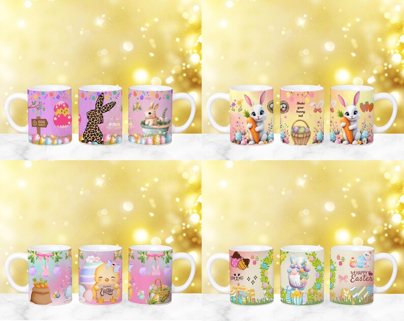May include: Set of 10 white ceramic mugs with colorful Easter-themed designs. The mugs feature bunnies, eggs, and flowers. Some mugs have the text "Happy Easter" and "Make your bunny day".