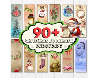May include: A set of 90+ Christmas bookmark designs featuring a variety of festive themes, including Santa Claus, reindeer, snowmen, and Christmas trees. The bookmarks are in PNG, SVG, and JPG formats.