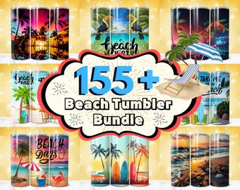 Más de 155 diseños de envoltorios para vasos de playa, envoltorios para vasos de océano, envoltorios para vasos de verano, vasos con puesta de sol en el océano, paquete de diseños de sublimación de playa de 20 oz PNG