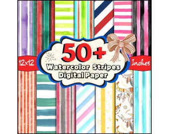 50 + Aquarell Streifen Digitales Papier, Regenbogen Farbe Scrapbook, Streifen Muster, Futter Streifen Hintergrund, Aquarell Clipart