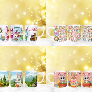 May include: Set of 10 white ceramic mugs with various Easter-themed designs. The designs include bunnies, eggs, and flowers in pastel colors. Some mugs feature text like "Come home for Easter" and "Love".