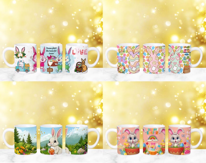 May include: Set of 10 white ceramic mugs with various Easter-themed designs. The designs include bunnies, eggs, and flowers in pastel colors. Some mugs feature text like "Come home for Easter" and "Love".