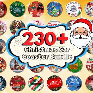 Puede incluir: Una colección de más de 230 posavasos de coche de Navidad con varios diseños, incluyendo Papá Noel, renos, muñecos de nieve y árboles de Navidad. Los posavasos son redondos y tienen una variedad de colores y patrones.
