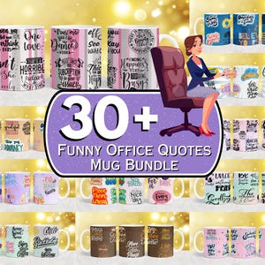 May include: A collection of 30+ colorful mugs with funny office quotes. The mugs feature various designs and sayings, such as "One Love", "Trust me you can Dance", "Off you See Kay", "Finding Happiness", "Sing", "Peace Can't be a Subscription to your Issues", "Lunch is Fear", "The Sonachas Gracias", "More Time Please", and "Life Like This".