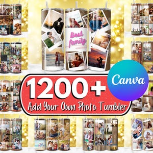 May include: A set of 12 personalised photo tumblers with a wood grain background. Each tumbler features a collage of photos with a variety of colours and designs. The tumblers are perfect for adding a personal touch to your everyday drinks.