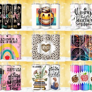 May include: Nine different designs for teacher-themed tumblers. The designs include a rainbow with the text "Teaching is a work of heart", a leopard print with the word "Teacher", a smiling emoji, a pencil with a graduation cap, a floral design with the text "Teacher", a leopard print with the text "Teacher Life", a rainbow with the text "Teaching is a work of heart", a cartoon teacher with the text "Teacher", and a floral design with the text "Teacher Change the World".
