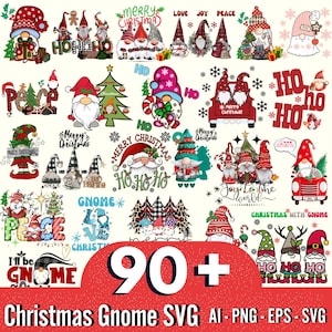 Puede incluir: Una colección de más de 90 diseños de gnomos navideños en SVG. Los diseños presentan gnomos en varias poses y con diferentes accesorios, como sombreros, bufandas y barbas. Los diseños son perfectos para crear manualidades navideñas, decoraciones y regalos.