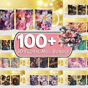 Könnte beinhalten: Ein Bündel von über 100 Tassen mit 3D-Blumenmotiven. Die Tassen zeigen eine Vielzahl von Blumenmustern in Rosa, Lila, Blau und Grün. Der Text "100+ 3D Floral Mug Bundle" ist in der Mitte des Bildes zu sehen.