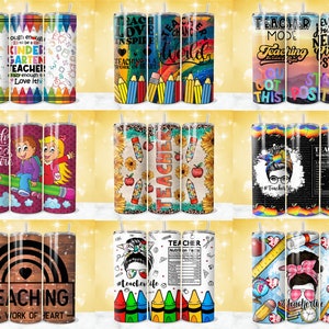 May include: Set of 10 colorful stainless steel tumblers with various teacher-themed designs. The designs include pencils, rainbows, sunflowers, and inspirational quotes. The tumblers are perfect for teachers, students, or anyone who loves to show their school spirit.