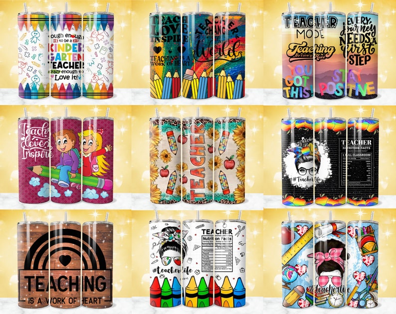 May include: Set of 10 colorful stainless steel tumblers with various teacher-themed designs. The designs include pencils, rainbows, sunflowers, and inspirational quotes. The tumblers are perfect for teachers, students, or anyone who loves to show their school spirit.
