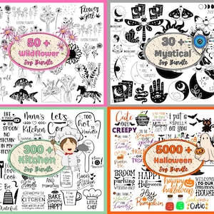 May include: Four digital images showcasing different sets of black and white illustrations. The first image features 50+ wildflower illustrations. The second image features 30+ mystical illustrations. The third image features 300+ kitchen illustrations. The fourth image features 5000+ Halloween illustrations.