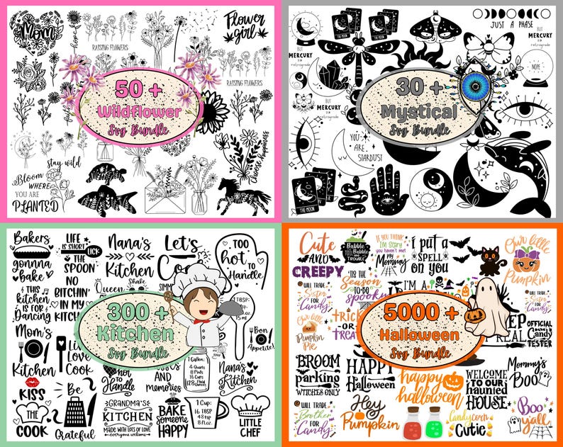 May include: Four digital images showcasing different sets of black and white illustrations. The first image features 50+ wildflower illustrations. The second image features 30+ mystical illustrations. The third image features 300+ kitchen illustrations. The fourth image features 5000+ Halloween illustrations.