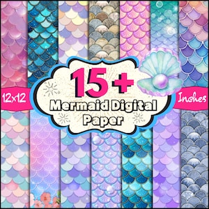 15 + Mermaid Digital Paper Bundle, Mermaid Scales Seamless Pattern, Undersea Clipart, Mermaid Scale Background, Mermaid Scrapbook, Printable
