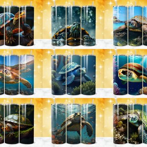 May include: Set of nine stainless steel tumblers with various turtle designs. The tumblers feature a variety of turtle species, including sea turtles and land turtles, in different colors and poses. The tumblers are perfect for enjoying your favorite beverages.