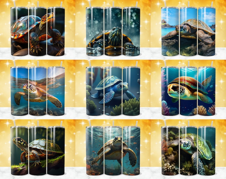 May include: Set of nine stainless steel tumblers with various turtle designs. The tumblers feature a variety of turtle species, including sea turtles and land turtles, in different colors and poses. The tumblers are perfect for enjoying your favorite beverages.