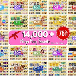 Può includere: Immagine promozionale che mostra una vasta collezione di tazze. Il fulcro centrale è uno striscione rosa con la scritta "14.000+ Mega Mug Bundle" e un badge "75% OFF". Vengono visualizzati vari pacchetti di tazze, ciascuno con un tema e una quantità diversi.