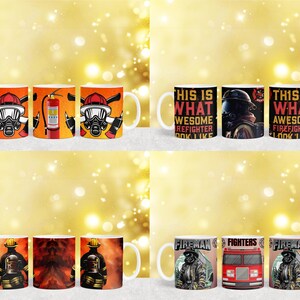 May include: Set of ten ceramic coffee mugs with various firefighter-themed designs. The mugs feature images of firefighters, fire engines, and fire hydrants. Some mugs have text that reads "This is what awesome firefighter look like".