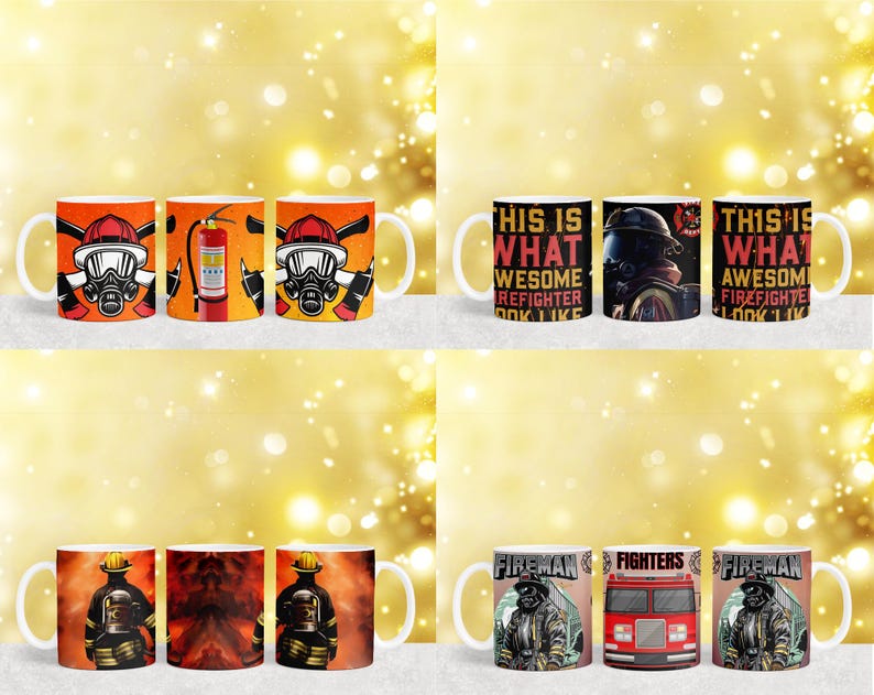 May include: Set of ten ceramic coffee mugs with various firefighter-themed designs. The mugs feature images of firefighters, fire engines, and fire hydrants. Some mugs have text that reads "This is what awesome firefighter look like".