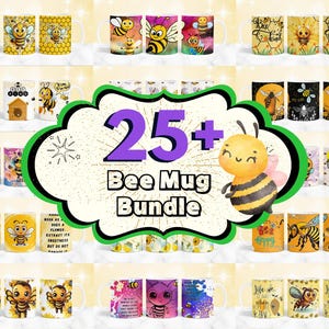 Könnte beinhalten: Eine Collage aus über 25 Bienen-Bechern mit verschiedenen Designs und Sprüchen. Die Becher zeigen Bienen, Blumen und Wabenmuster. Einige Becher haben Text wie "Bee Kind", "Bee True Love" und "Let's Bee Happy".