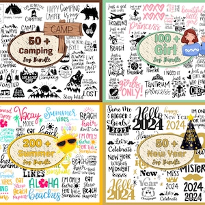May include: Four digital collage sheets with colorful and black and white text graphics. The sheets feature different themes: camping, girl, summer, and new year. The text includes phrases like "Happy Camping", "Just a Girl", "Summer Vibes", and "Hello 2024".