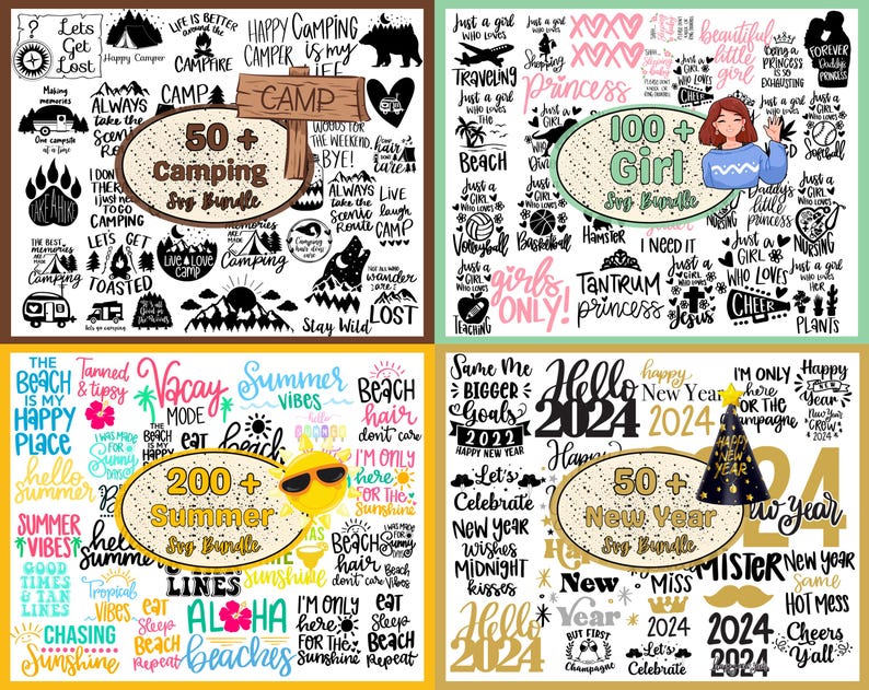 May include: Four digital collage sheets with colorful and black and white text graphics. The sheets feature different themes: camping, girl, summer, and new year. The text includes phrases like "Happy Camping", "Just a Girl", "Summer Vibes", and "Hello 2024".
