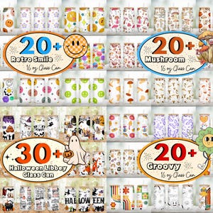 Peut inclure: Un collage de designs de canettes en verre de 473 ml avec diff&eacute;rents th&egrave;mes, notamment des visages souriants r&eacute;tro, des champignons, Halloween et des motifs groovy. Les designs sont color&eacute;s et pr&eacute;sentent une vari&eacute;t&eacute; d'illustrations et de textes.