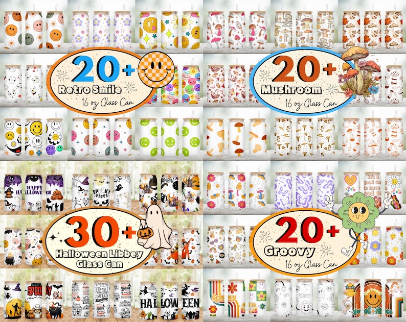 Peut inclure: Un collage de designs de canettes en verre de 473 ml avec diff&eacute;rents th&egrave;mes, notamment des visages souriants r&eacute;tro, des champignons, Halloween et des motifs groovy. Les designs sont color&eacute;s et pr&eacute;sentent une vari&eacute;t&eacute; d'illustrations et de textes.