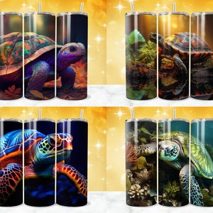 May include: Set of three stainless steel tumblers with colorful turtle designs. The tumblers feature a variety of turtle species, including a sea turtle, a land turtle, and a painted turtle. The tumblers are perfect for keeping drinks cold or hot.